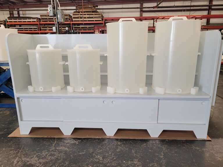custom fabricated bioprocess mixing station with polypropylene tanks
