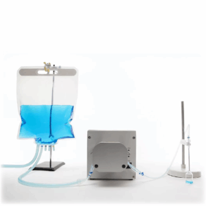single use filling assembly with bag dispensing into a vial via a peristaltic pump