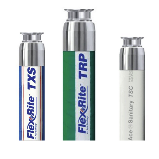 3 Ace Sanitary T Series Hoses Together including TXS, TRP, and TSC, all with crimped stainless sanitary ends